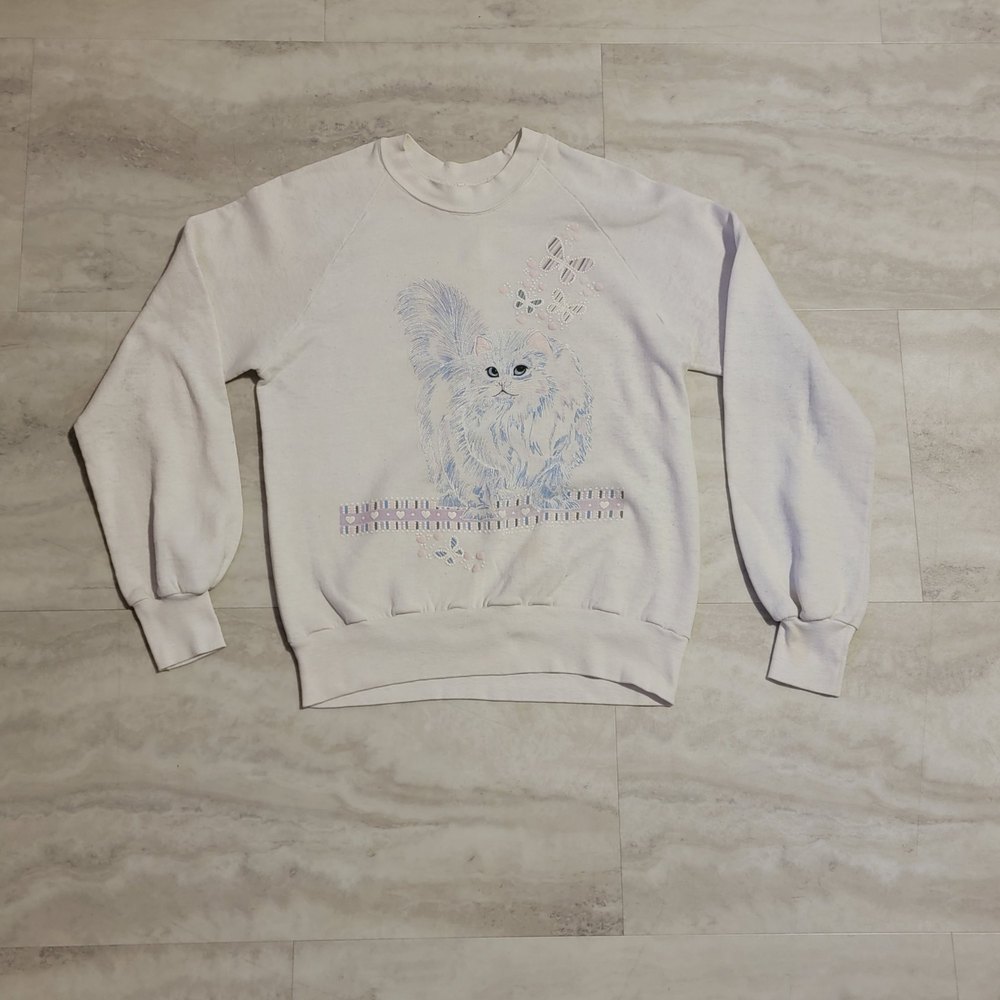 Vintage King Pin Sports Wear Womens White 1998 Cat Graphic  Crew Neck Medium